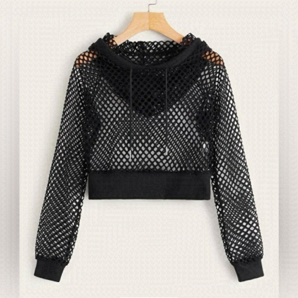 𝅺SHEIN - Fishnet Drawstring Hooded Sweatshirt